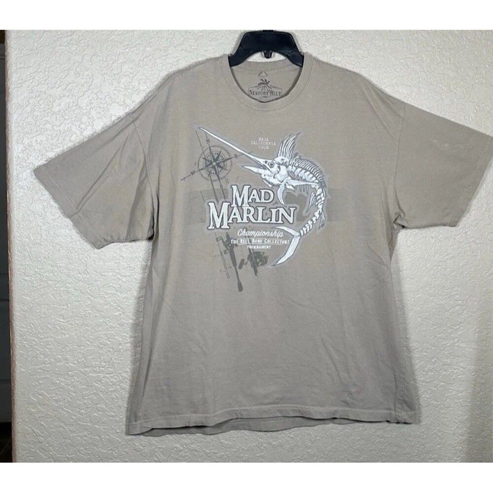 Newport Blue Mad Marlin Championship Reel Bone Beige Tan Men’s T-Shirt XXL (2X)